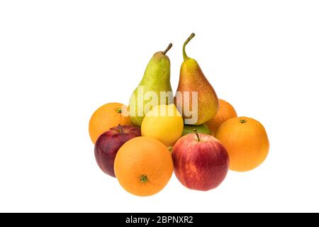 Vergleichen Sie Äpfel, Orangen und Birnen. Differenzierung und Vergleich. Stockfoto