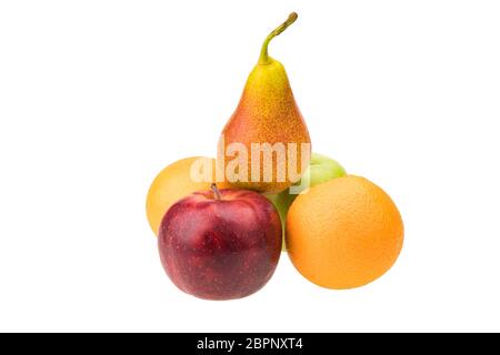Vergleichen Sie Äpfel, Orangen und Birnen. Differenzierung und Vergleich. Stockfoto