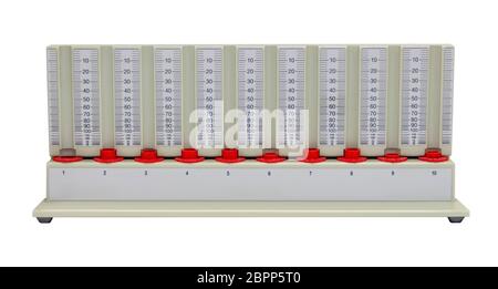 Spezielle Zahnstange für die Sedimentation von Erythrozyten im weißen Rücken isoliert Stockfoto