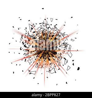 Explosion Wolke von schwarzen Teile auf weißem Hintergrund. Scharfe Teilchen zufällig in die Luft fliegen. Stockfoto