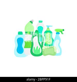 Umweltfreundliche Haushaltsreiniger. Natürliche Reinigungsmittel. Produkte für die Hauswäsche. Nicht chemische Reiniger. Grünes Haus. Flaches Design. Banner, Blatt Stockfoto