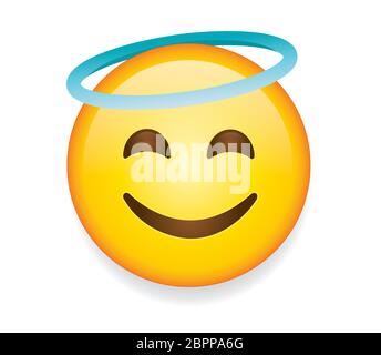 Hochwertige Emoticon auf weißem Hintergrund Vektor.Emoji lächelndes Gesicht mit Halo. Ein gelbes Gesicht lächelnd, geschlossene Augen und blauer Halo.Beliebte Chat-Elemente. Stock Vektor