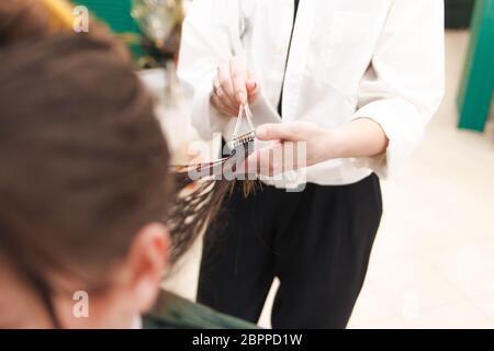 Friseur wendet eine Haarmaske auf die Frau im Schönheitssalon. Botox und Keratin Haarglättung Verfahren Stockfoto