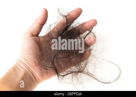 Menschliche Hand mit verlorenen Haar, auf weißem Hintergrund. Stockfoto