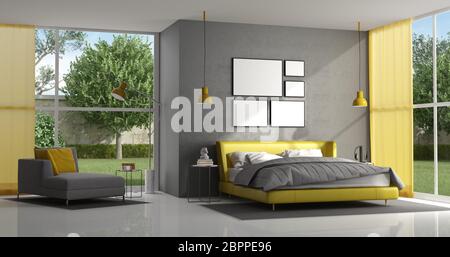 Grau und Gelb Schlafzimmer einer modernen Villa - 3D-Rendering Stockfoto