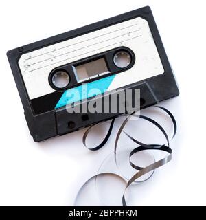 Audio-Kassette leer Label ausgerollt isolierten weißen playlist Stockfoto