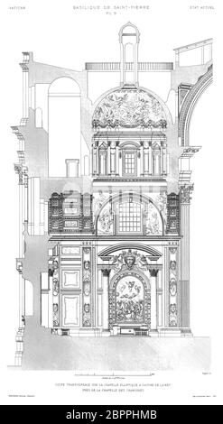 Rom, der Vatikan: Petersdom. Querschnitt durch die elliptische Kapelle links vom Kirchenschiff in der Nähe der Canonskapelle 1882. Stockfoto