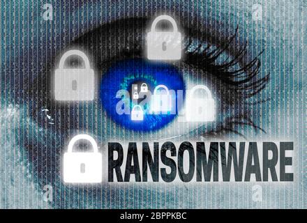 Ransomware Auge schaut Betrachter Konzept. Stockfoto