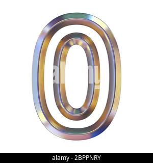Chrome Schriftart mit bunten Reflexionen Nummer 0 NULL 3D-Render Abbildung auf weißem Hintergrund Stockfoto