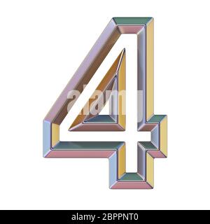 Chrome Schriftart mit bunten Reflexionen Nr. 4 vier 3D-Render Abbildung auf weißem Hintergrund Stockfoto