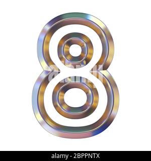 Chrome Schriftart mit bunten Reflexionen Nr. 8 acht 3D-Render Abbildung auf weißem Hintergrund Stockfoto