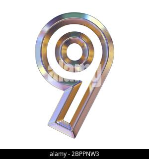 Chrome Schriftart mit bunten Reflexionen Anzahl 9 neun 3D-Render Abbildung auf weißem Hintergrund Stockfoto