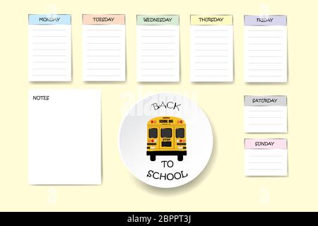 Zurück in der Schule wöchentlich Planer mit freier Platz für Ihre Notizen auf gelben Hintergrund. Stockfoto