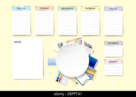 Schule weekly Planner mit freier Platz für Ihre Notizen auf gelben Hintergrund. Stockfoto