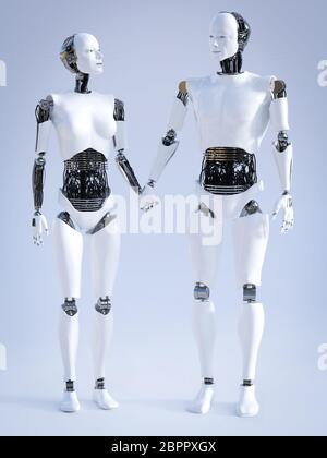 3D-Rendering für eine männliche und eine weibliche Roboter stand neben einander und halten sich an den Händen, an jedem anderen suchen. Futuristische liebe Konzept. Stockfoto