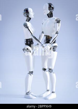 3D-Rendering für eine männliche und eine weibliche Roboter stehen einander gegenüber und halten sich an den Händen, an jedem anderen suchen und lächelnd. Futuristische liebe Konzept. Stockfoto