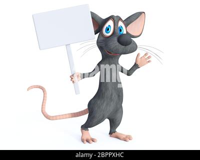 3D-Rendering von einem netten Lächeln Cartoon-maus Holding ein leeres Zeichen und winken beim Marschieren. Weißer Hintergrund. Stockfoto