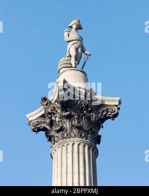 Top von Nelson's Column auf den Trafalgar Square, London vor blauem Himmel Stockfoto