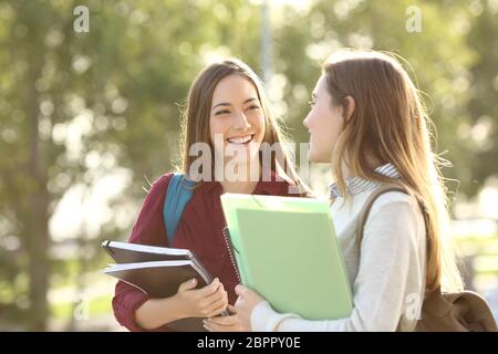 Zwei glückliche Schüler gehen und sprechen miteinander in einem Campus bei Sonnenuntergang mit warmem Licht Stockfoto