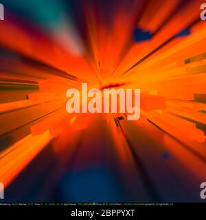 Feurige Explosion oder blast Konzept mit rechteckigen dunkelblauen Stangen auf eine helle Flamme Orange strahlende Hintergrund im quadratischen Format. Licht fließen en Stockfoto