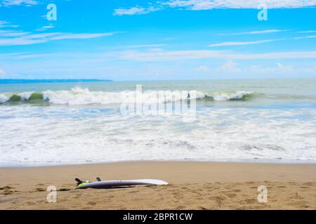 Surfboard auf sandigen Strand, Surfer reiten auf den Wellen im Hintergrund, Bali, Indonesien Stockfoto