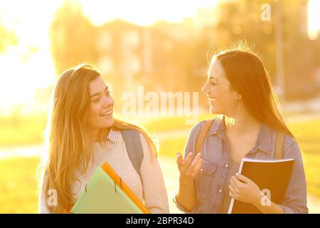 Vorderansicht Portrait von zwei glückliche Schüler gehen und sprechen bei Sonnenuntergang in einem Park Stockfoto