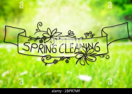 Englisch Kalligraphie Frühjahrsputz. Sonnige Frühling Gras Wiese mit Gänseblümchen Blumen Stockfoto