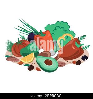 Gemüse, Samen, Pilze und Nüsse Zusammensetzung. Gesunde Ernährung Vektor-Illustration. Fasten imitiert Diät-Lebensmittel, MKS. Hohe Fette und niedrig Stock Vektor