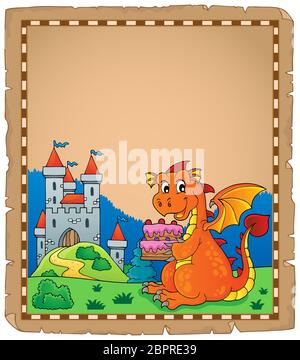 Drachen hält Kuchen Thema Pergament 1 - Abbildung. Stockfoto