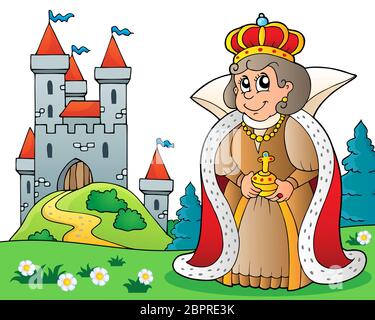 Glückliche Königin in der Nähe von Schloss Thema 3 - Bild Illustration. Stockfoto