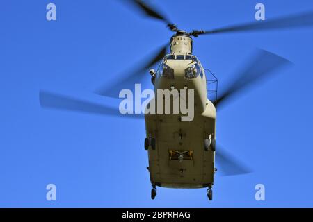 Eine 12te Kampfluftfahrtbrigade der US-Armee CH-47 Chinook Helikopter-Crew unterstützt Alpha Battery, Field Artillery Squadron, 2nd Cavalry Regiment, während einer Luftangriffsmission im 7. Army Training Command im Grafenwoehr Training Area, Deutschland, 7. Mai 2020. (USA Armeefoto von Gertrud Zach) Stockfoto