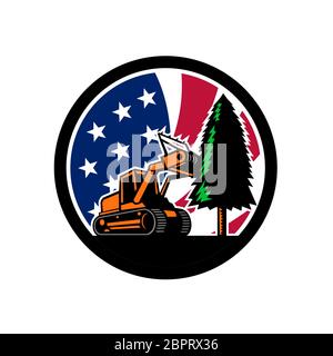 Retro Style Abbildung eines verfolgten Mulchen Traktor oder Forstwirtschaft mulcher niederreißen Baum mit amerikanischen Stars and Stripes USA-Flagge im inneren Kreis l Stockfoto