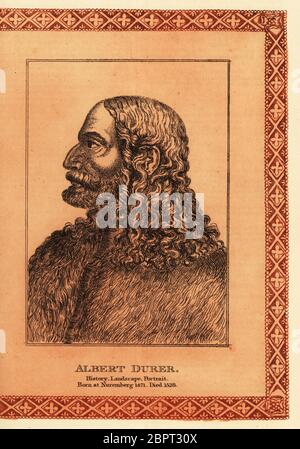 Porträt Albrecht Durer, deutscher Maler, Grafiker und Theoretiker der deutschen Renaissance, 1471-1528. Albert Durer, Geschichte, Landschaft, Porträt. Getönte Radierung in dekorativer Bordüre von James Girtin nach einem Selbstporträt von Durer aus James Girtins fünfundsiebzig Porträts gefeierter Maler aus Authentic Originals, J. M’Creery, London, 1817. Stockfoto