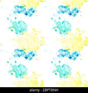 Nahtlose Muster mit bunten Aquarell blots mit Spritzer und Flecken auf einem weißen Hintergrund. Aquarell Spots in Gelb, Grün und Blau. Sanfte Stockfoto