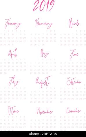 Kalenderdesign für 2019. Einfacher Hintergrund, rosa Design. Die Woche beginnt am Montag. Set von 12 Monaten Stock Vektor