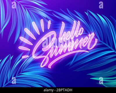 Hello Summer Neon Schriftzug auf einem Hintergrund exotischer tropischer Palmenblätter. Vektorgrafik Stock Vektor