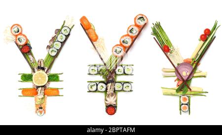 Kreatives Konzept Foto Set von Yen singen Währung aus Sushi und Gemüse auf weißem Hintergrund. Ein Stilleben von Yen Zeichen aus Sushi. Stockfoto