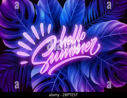 Hello Summer Neon Schriftzug auf einem Hintergrund exotischer tropischer Palmenblätter. Vektorgrafik Stock Vektor