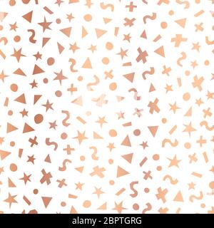 Kupferfolie geometrische Formen nahtlose Vektor-Muster. Dreiecke, Punkte, Sterne und Kreise mit einer roségoldenen Struktur aus Kunstmetall auf weißem Hintergrund Stock Vektor