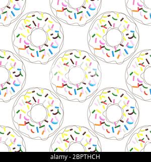 Vektor nahtlose Muster Illustration von Donuts in Linie Kunst mit mehrfarbigen Teigwaren Belag auf weiß Stock Vektor