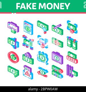 Fake Money Isometrische Elemente Symbole Set Vektor Stock Vektor