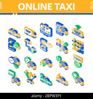 Online Taxi Isometric Elements Icons Set Vector Stock Vektor