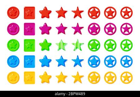 Farbige Cartoon-Sterne Spiel Elemente Symbole gesetzt. Symbol der Beurteilung, Rang Ebene. Star glänzend glänzende Tasten für Spiele ui. Dekorative grafische Zeichen rot, grün, blau. Isolierte Vektor auf weiße Abbildung Stock Vektor
