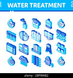 Elemente Der Wasseraufbereitung Vektor-Isometrische Symbole Gesetzt Stock Vektor