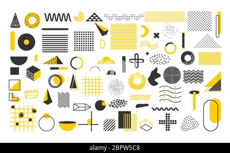 Set von gelben und schwarzen geometrischen Formen. Memphis Design Elemente im Retro-Stil, funky 90s Muster. Trendy Halbton für Zeitschrift, Reklametafel, Web-Poster, Banner, Broschüre. Isolierte Vektordarstellung Stock Vektor