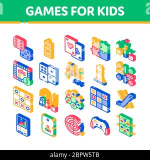 Interaktive Kinder Spiele Vektor Isometrische Symbole Set Stock Vektor