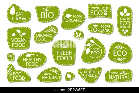 Öko-grünes Logo-Label mit Blättern. Emblem für Bio-Naturprodukt, Bio, glutenfrei, roh essen. Patch-Zeichen für vegane frische, gesunde Lebensmittel. Aufkleber für Abzeichen, Tag Verpackung isolierte Vektor-Illustration Stock Vektor