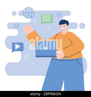 Mann mit Laptop-Design, Digitaltechnik und Kommunikation Thema Vektor-Illustration Stock Vektor