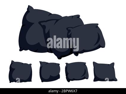 Schwarzes Kissen flach Cartoon-Set. Heimtextilien für die Inneneinrichtung. Drei dunkle quadratische Kissen Mockup Kissen Vorlage. Feder, Bambus-Öko-Qualität. Vektorgrafik Stock Vektor