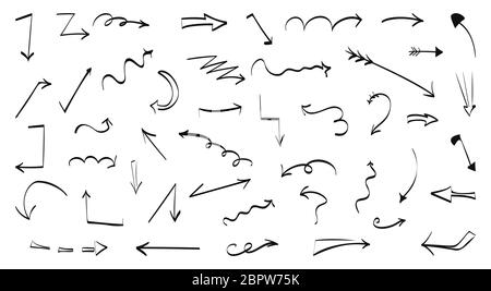 Handgezeichnete schwarze Linienpfeile gesetzt. Doodle links rechts unten Richtung Zeichen Sammlung. Symbole für den Zickzack-Pfeil der Skizzenkurve. Wachstum des Unternehmens durch Grafikdesign. Isoliert auf weißen Vektor-Illustration Stock Vektor